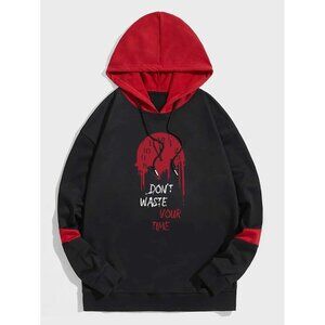 NEW SHEIN Guys Colorblock‎ & Clock Slogan Graphic Drawstring Hoodie Size S Color